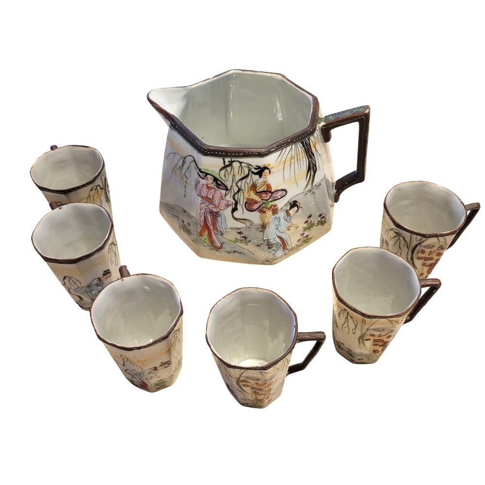 Vintage Antique Japanese Pitcher and Cup Set Geisha Asian Pattern Hand Painted